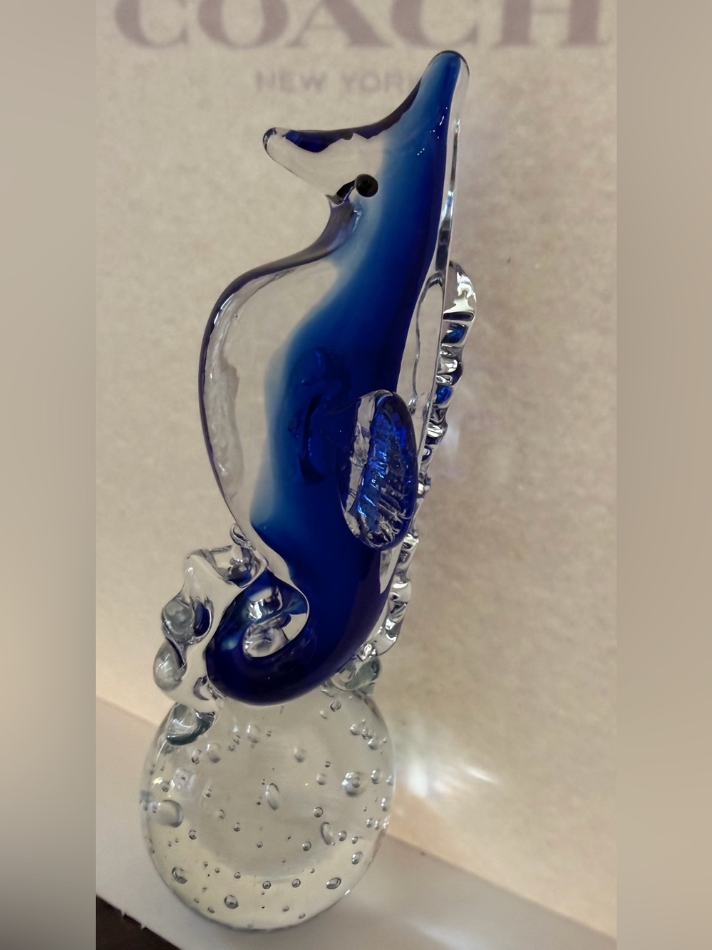 Hand blown Murano Style Blue Glass Seahorse Sculpture 7in tall